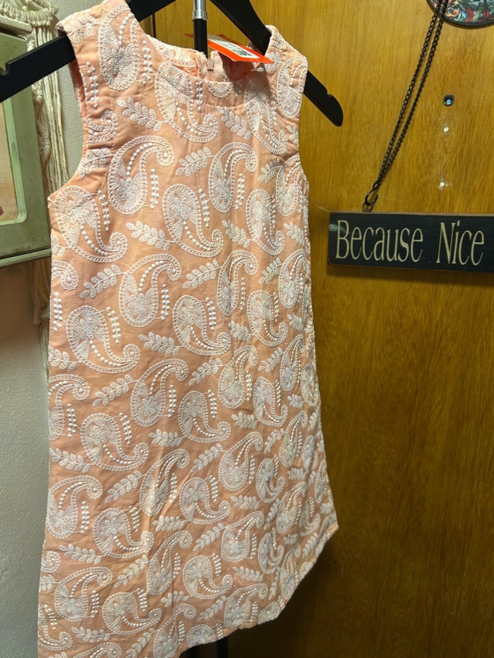 Girls' Peach Paisley Embroidered Sleeveless Dress